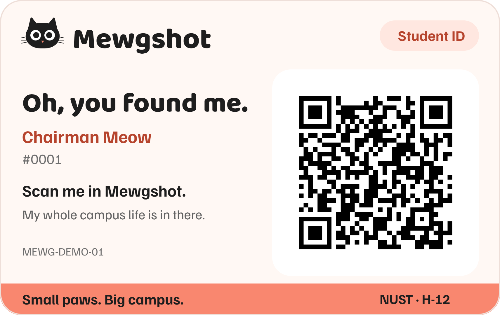 The back of Chairman Meow’s example ID, with the greeting Oh, you found me, and a scannable QR code.