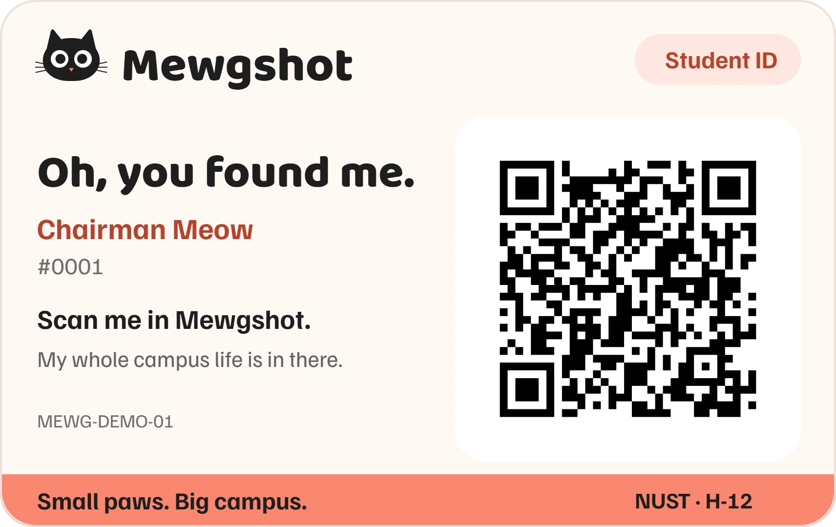 The back of Chairman Meow’s ID: Oh, you found me, and a QR code